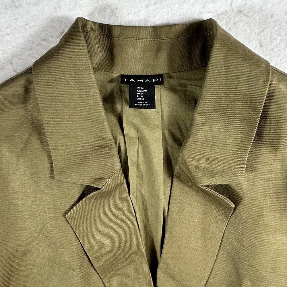Tahari Women's Size 14 Olive Green Linen Blend Blazer One Button Career Jacket